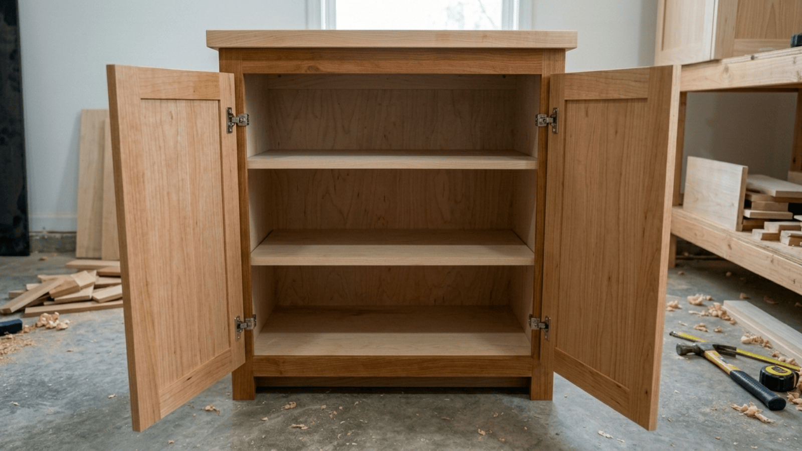 open framed wood cabinet with two shaker doors, three interior shelves, and visible face frame in a workshop setting