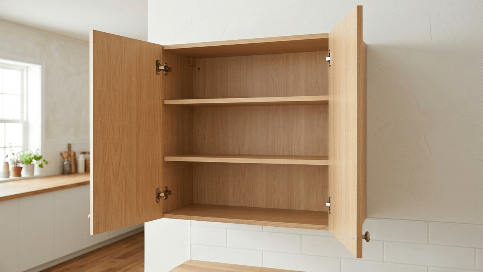 open frameless wall cabinet with flat panel doors, three interior shelves, and full-width access in a modern kitchen