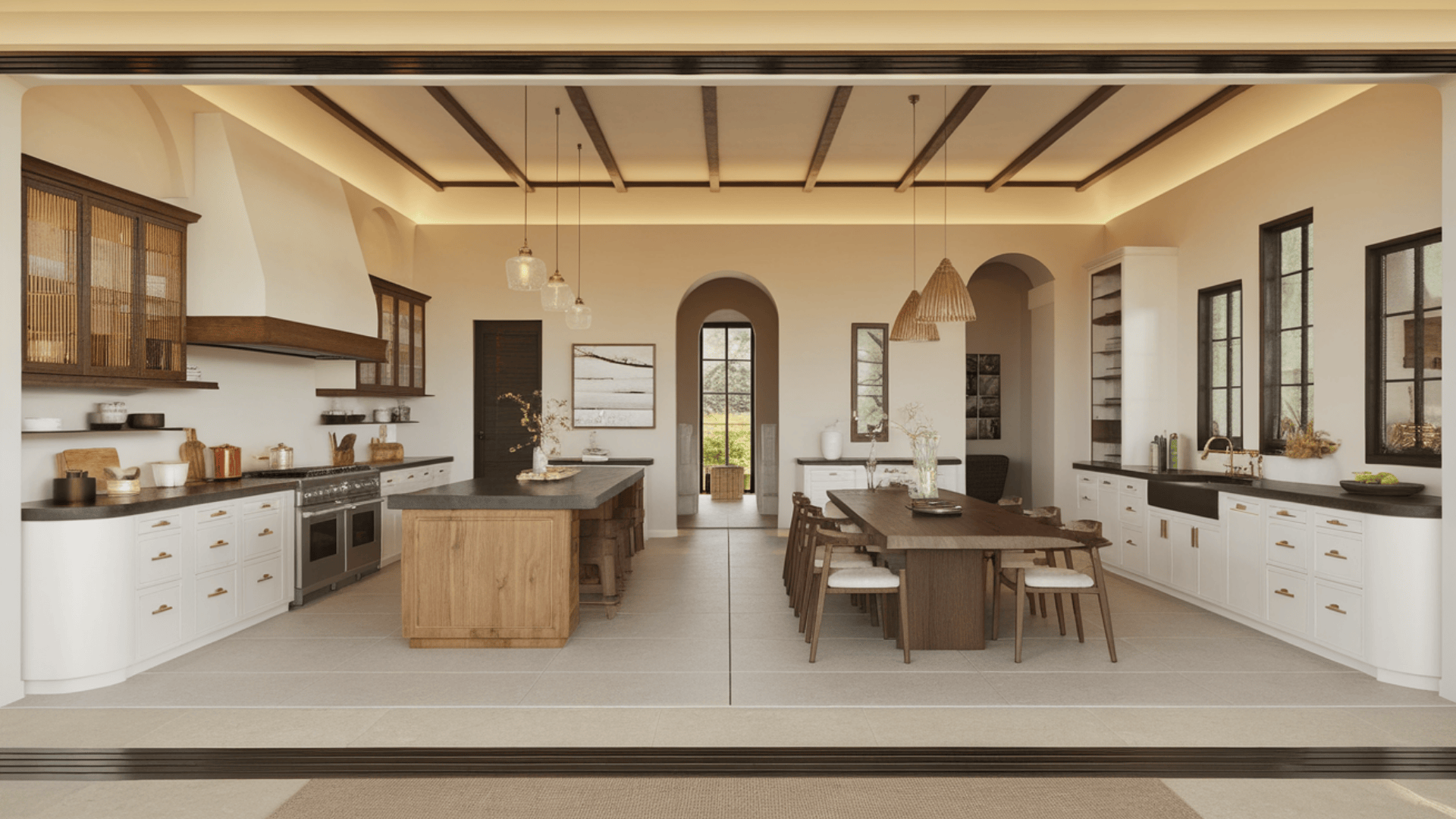 open kitchen and dining area with matching hardware, repeated wood elements, and cohesive neutral tones