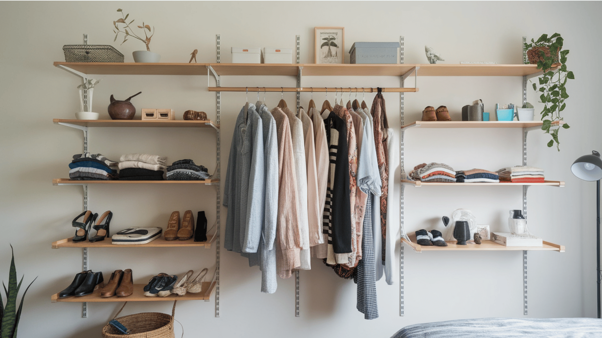 open shelving system in closet for displaying clothing and keeping items organized and accessible