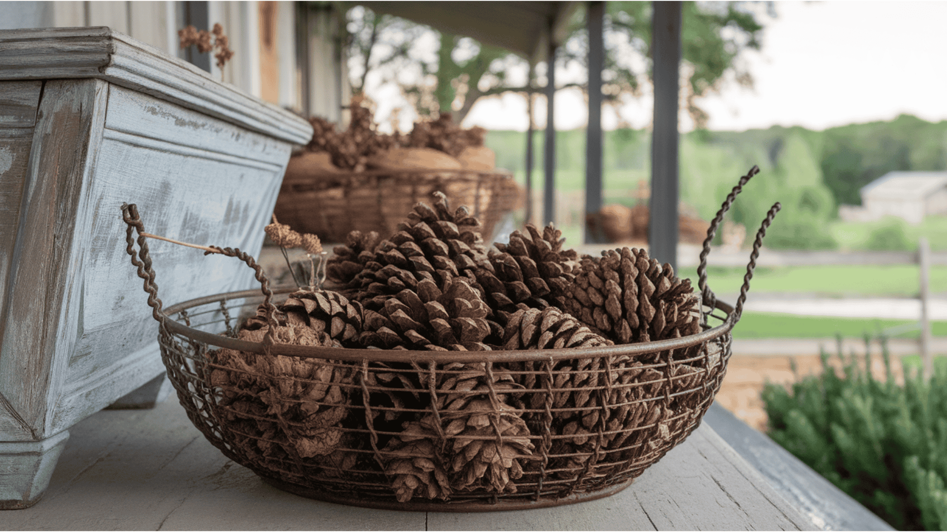 open wire basket filled with natural pinecones sitting on a farmhouse porch floor beside a planter