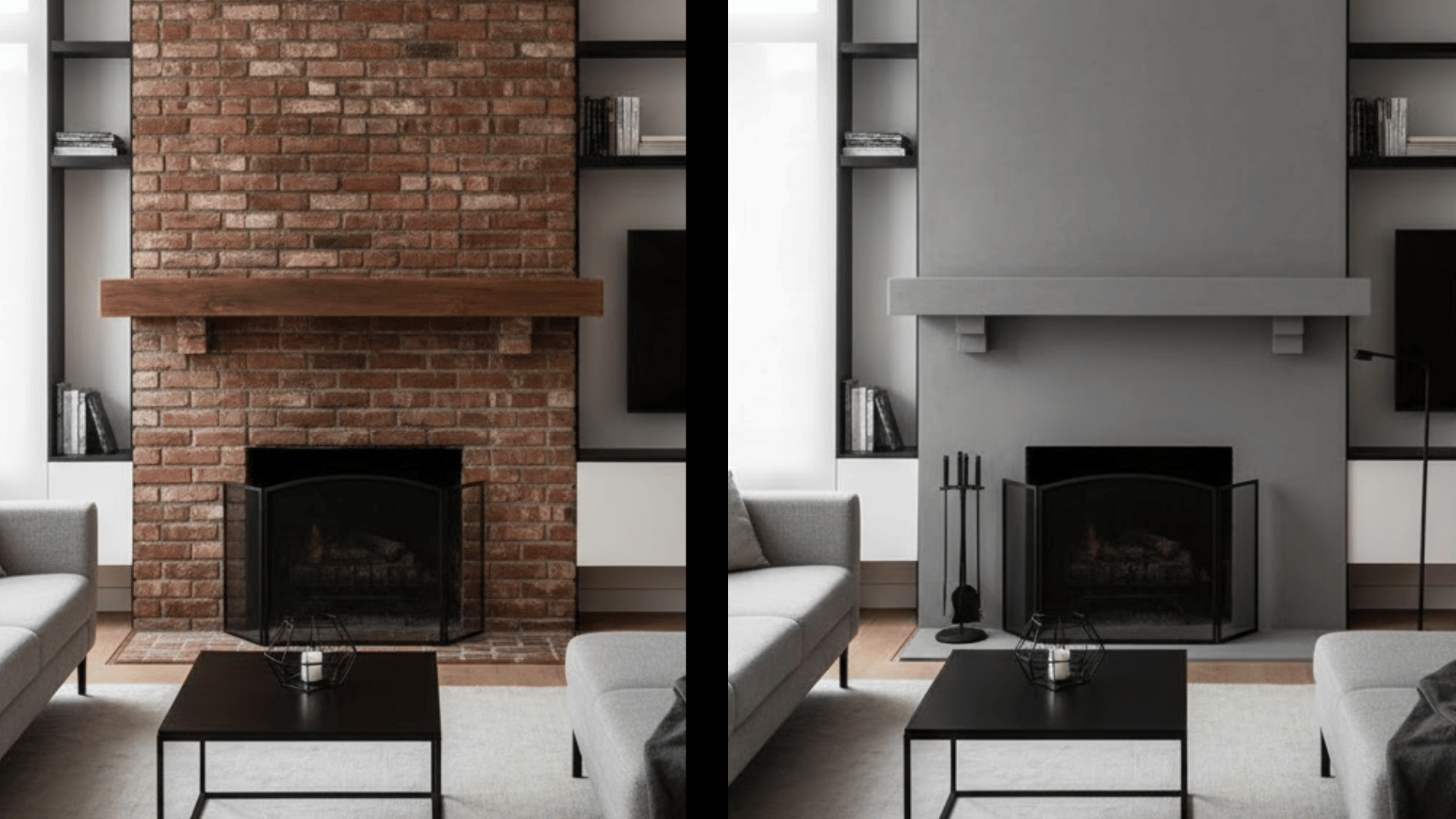 outdated mid-century red brick reimagined as a sleek, industrial concrete gray fireplace with a minimalist urban vibe.