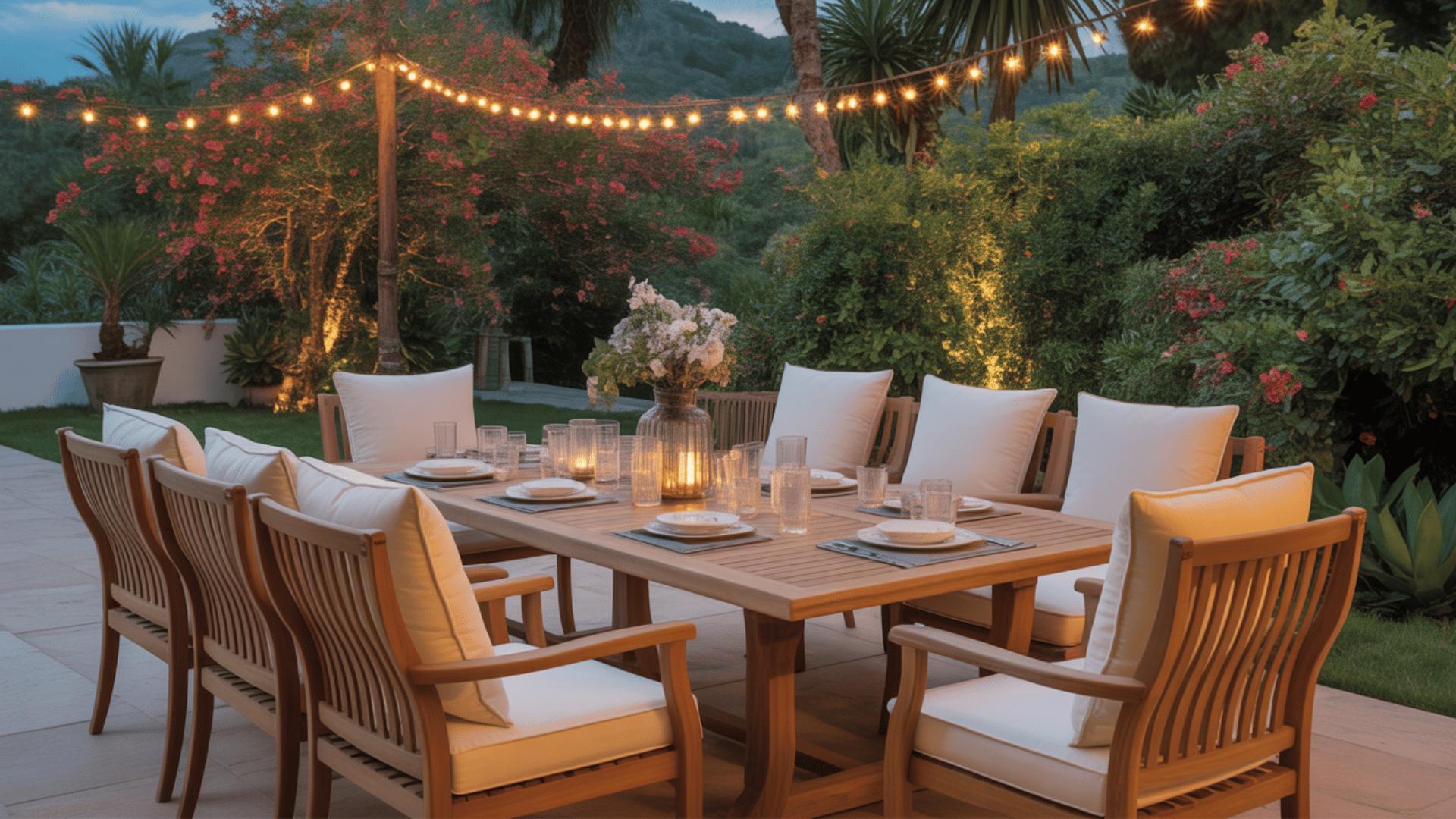 outdoor dining area with large table and scenic garden view