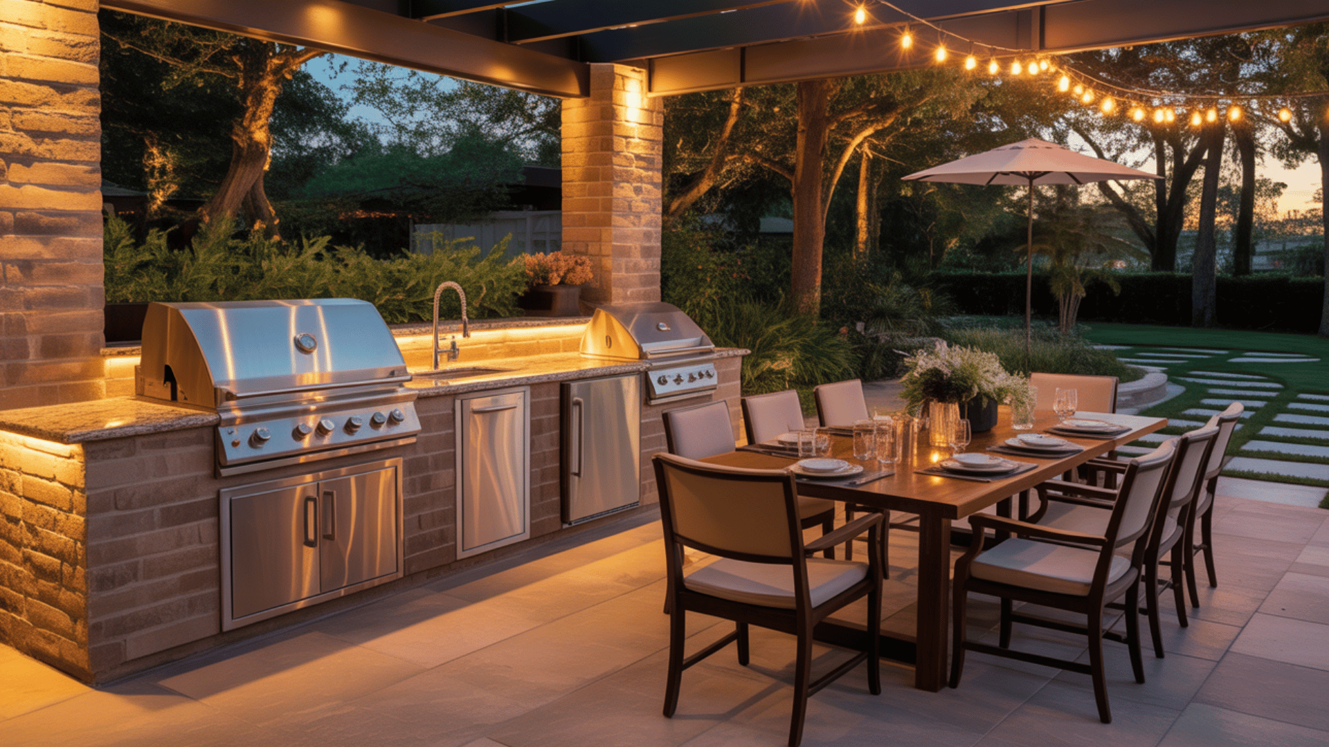 outdoor kitchen with built-in grills, fridge, and dining area