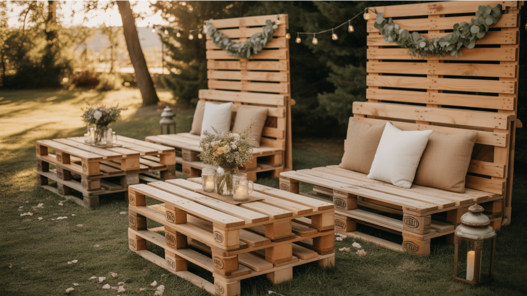 outdoor rustic wedding seating area with pallet furniture, cozy cushions