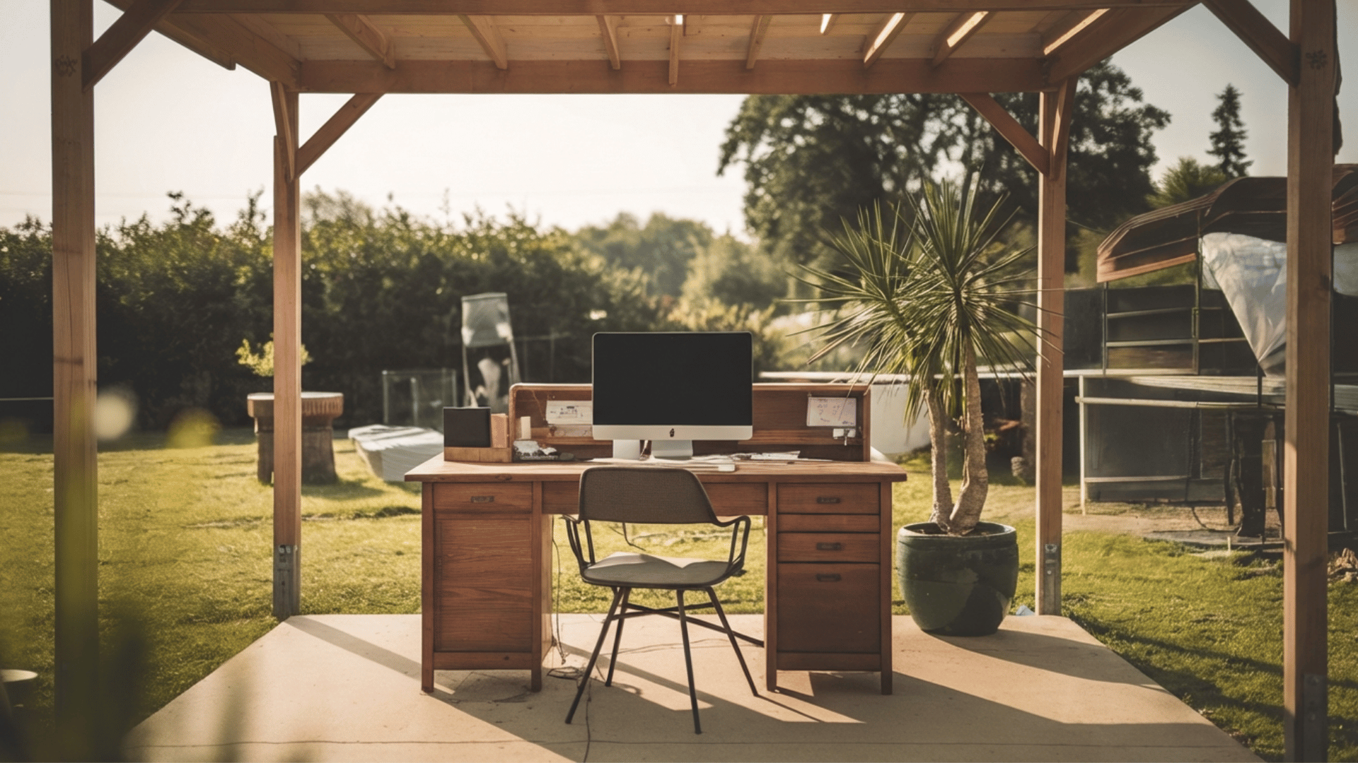 outdoor workspace with desk and seating for productivity