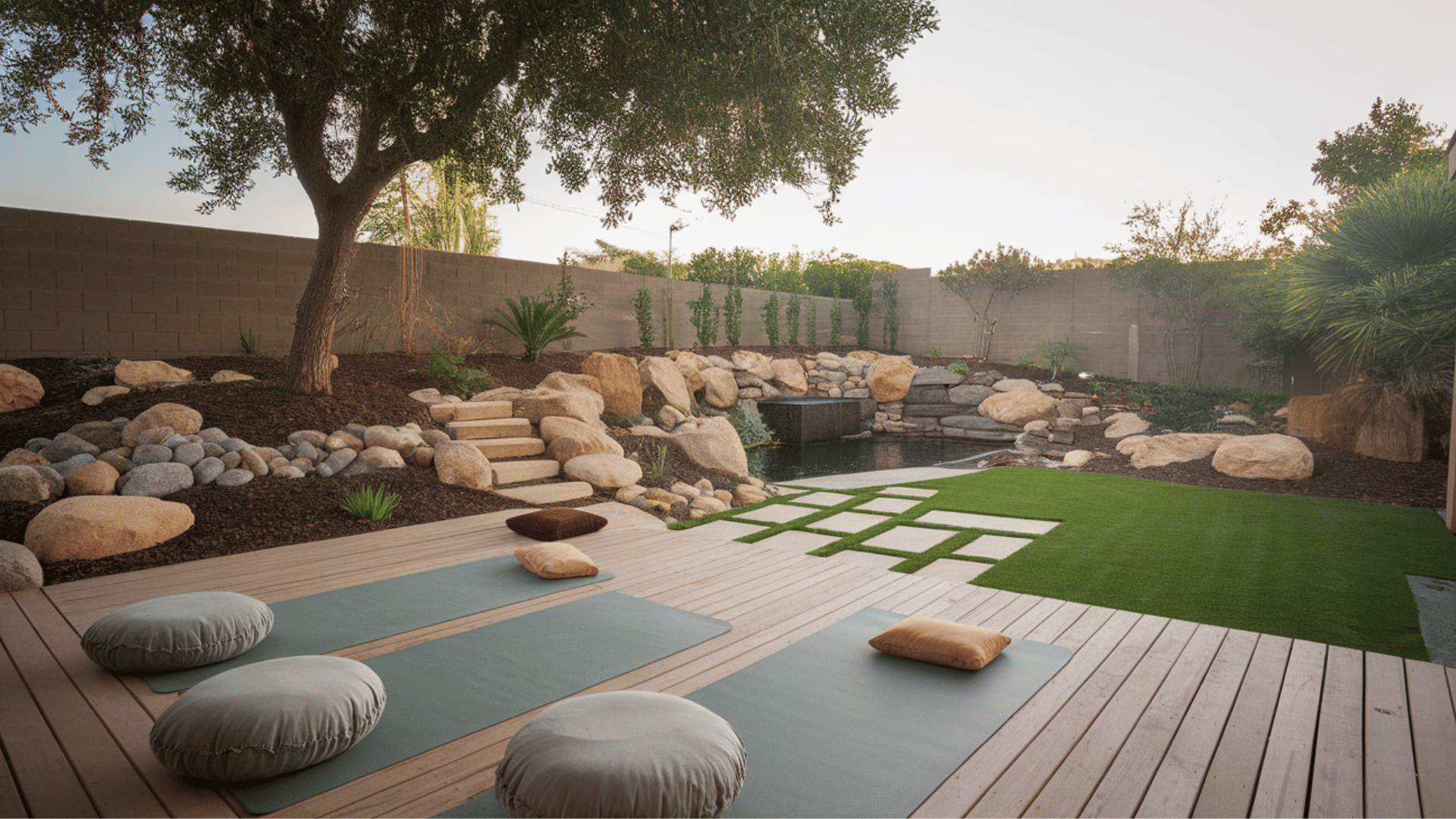 outdoor yoga space with mats, cushions, and aromatic plants