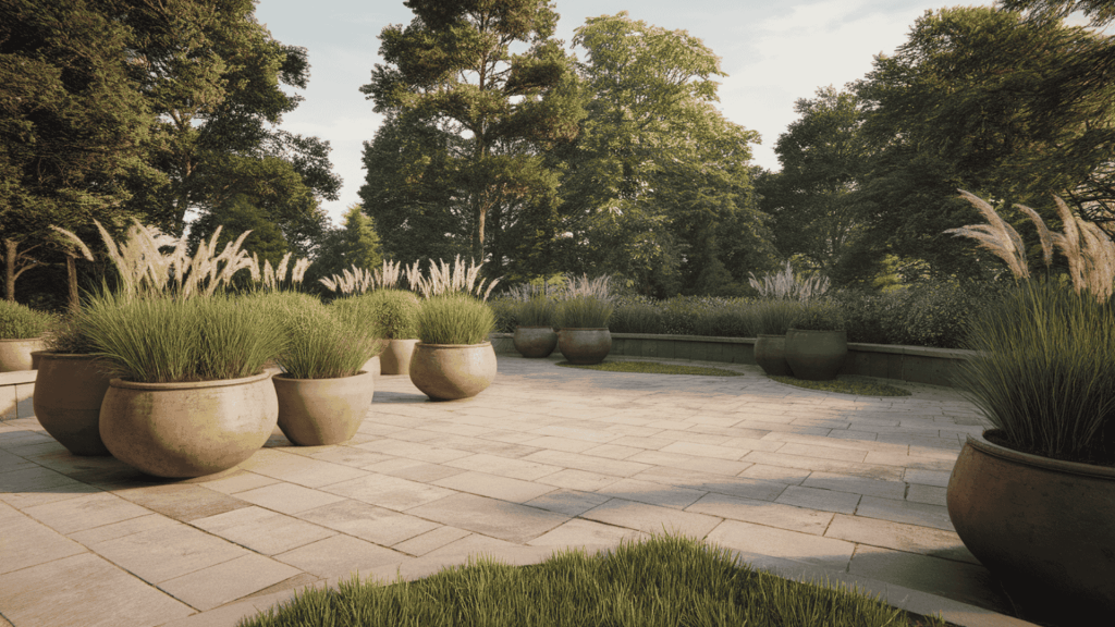 oversized planters grouped near a patio to add height and greenery, helping small spaces feel more structured.