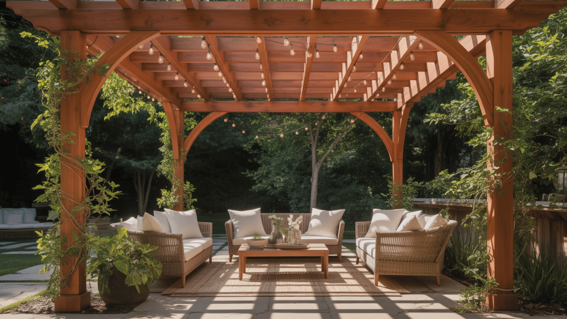 pergola or gazebo with climbing vines and fairy lights