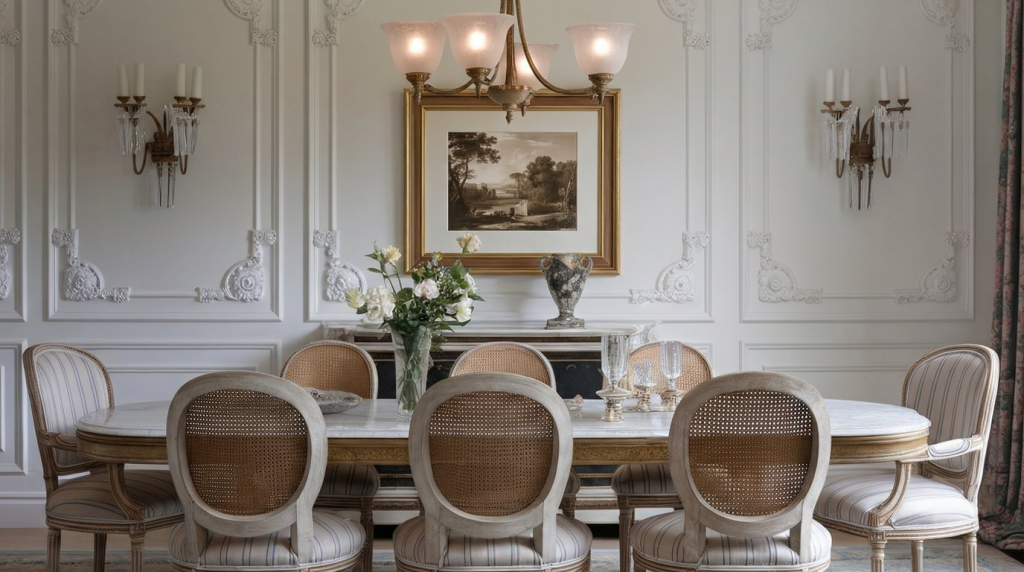 persian transitional dining room with accent chairs