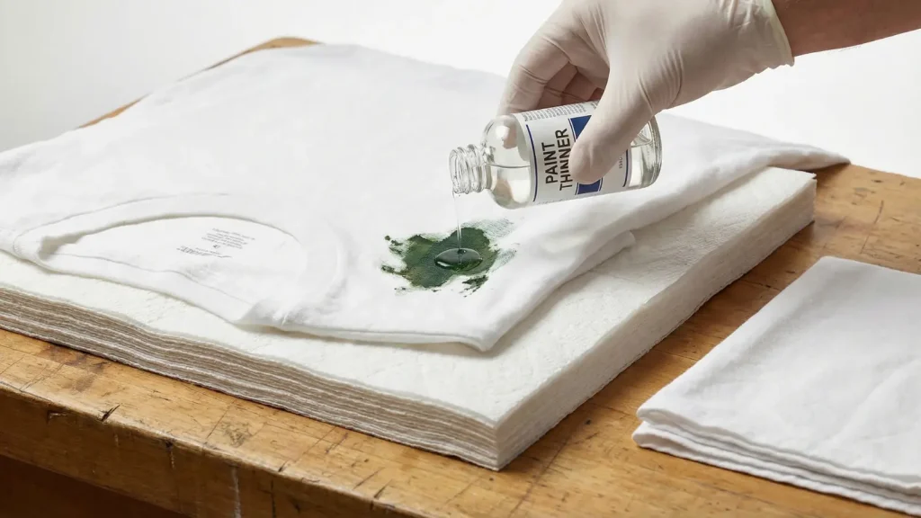 person applying paint thinner to dried green oil paint stain on white cotton shirt