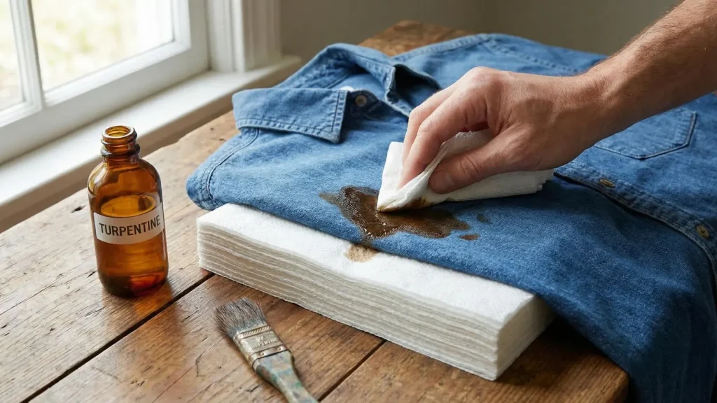 person blotting fresh oil paint stain on denim shirt with paper towels and turpentine