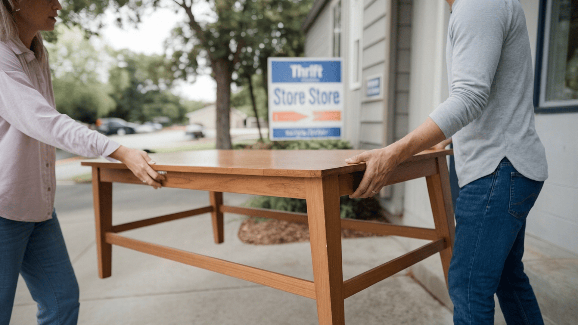 person donating clean wooden table at local thrift store donation center entrance
