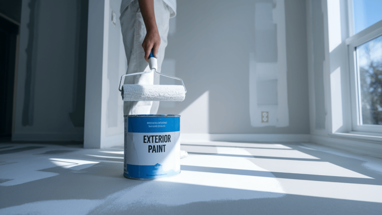 person holding paint roller indoors next to a can labeled exterior paint while considering using it inside