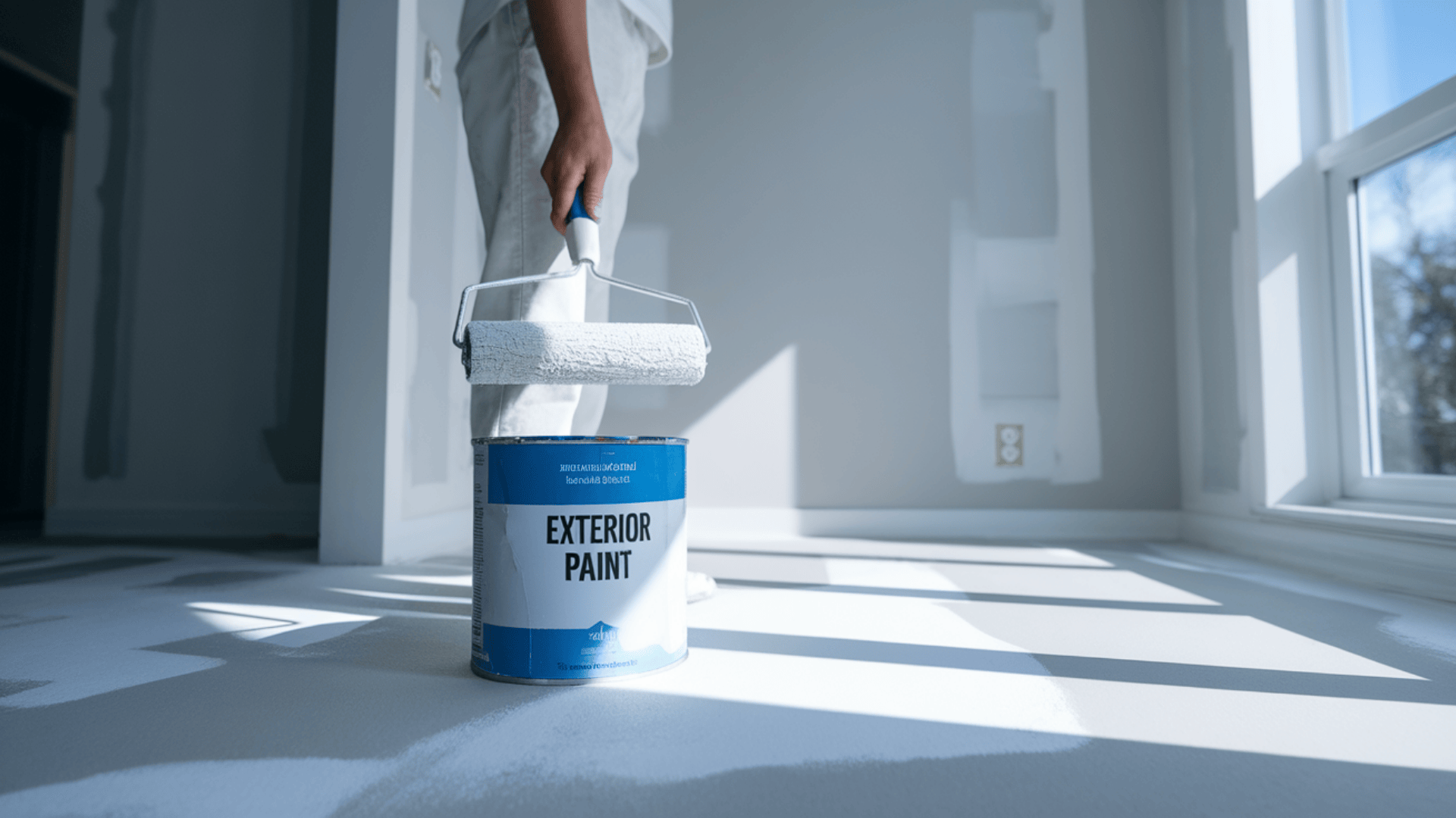 person holding paint roller indoors next to a can labeled exterior paint while considering using it inside