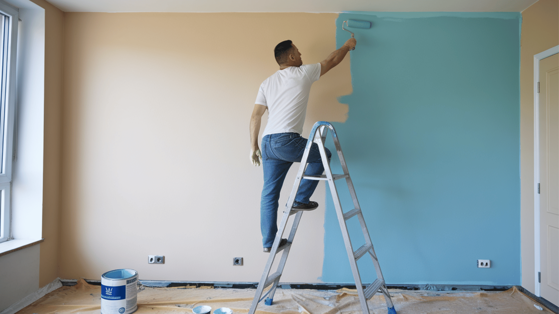 person painting apartment wall beige while standing on a ladder.