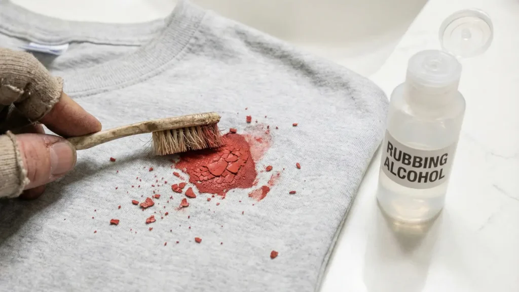person scrubbing dried red paint stain on gray shirt with toothbrush and rubbing alcohol