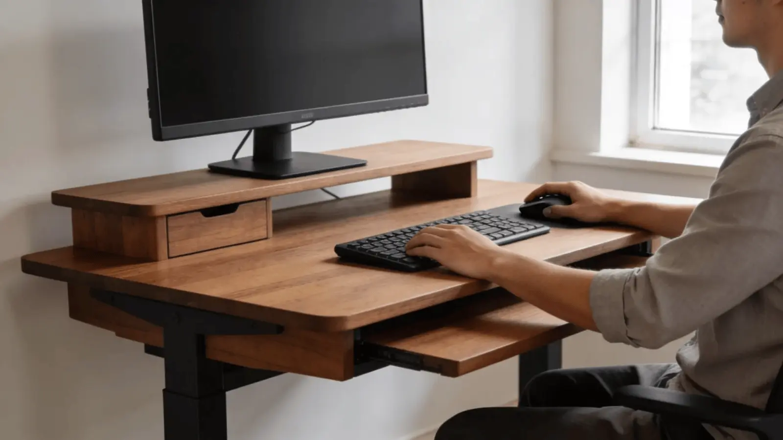 person sitting at desk using riser desk with monitor keyboard and mouse in home workspace