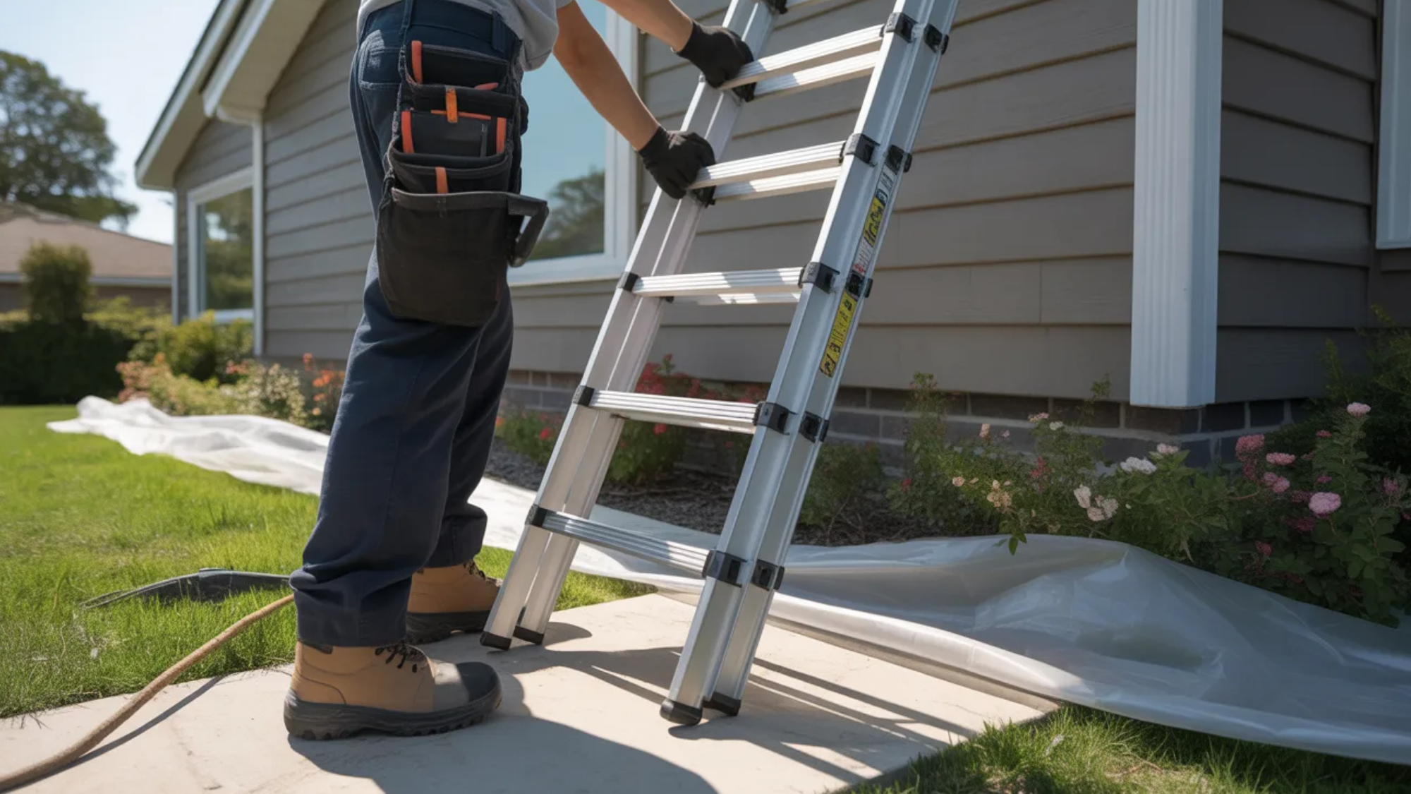 person wearing work boots, gloves, and a tool belt positions an aluminum ladder against the exterior siding of a house, with plastic sheeting spread on the ground nearby