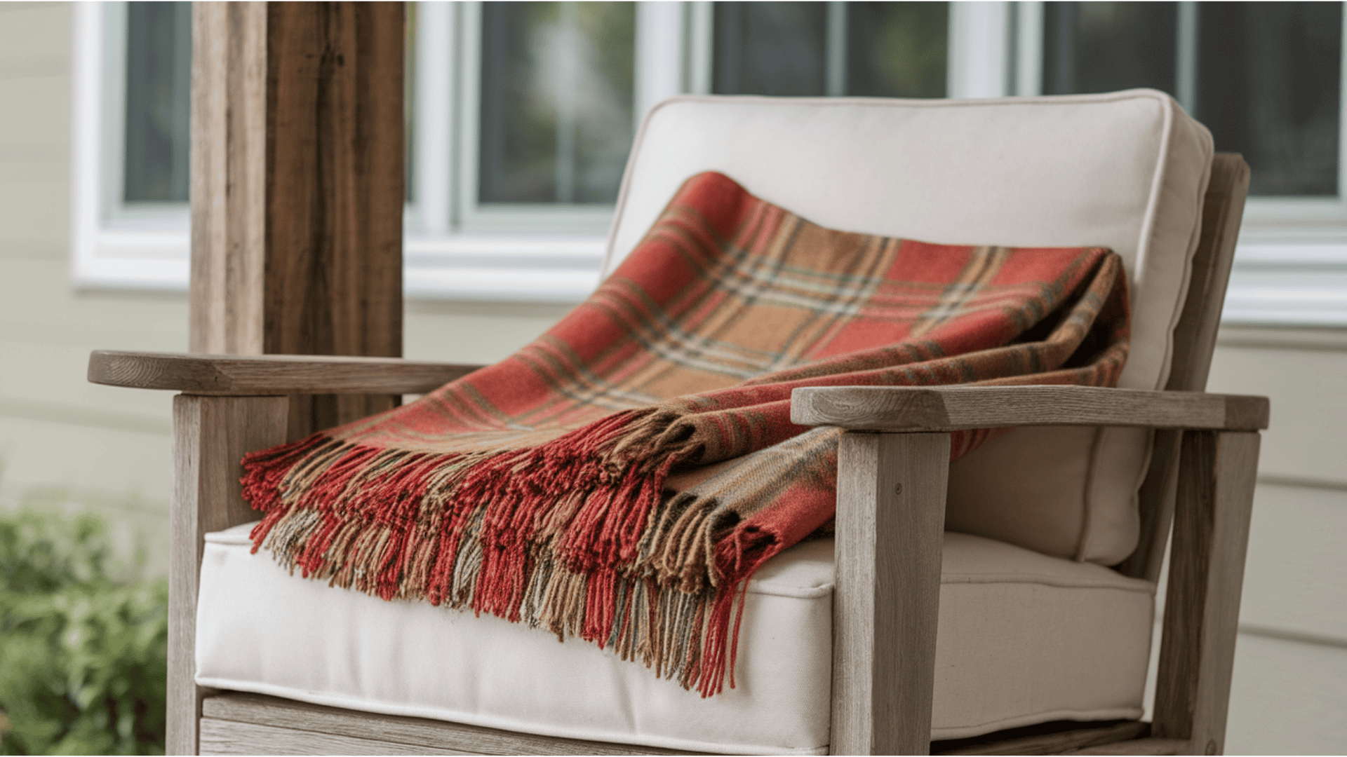 plaid throw blanket in rust tan and green folded casually over a farmhouse porch chair arm
