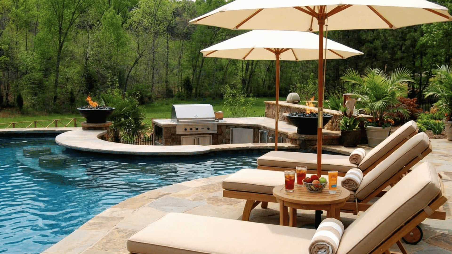 poolside entertainment zone with lounge chairs and umbrellas