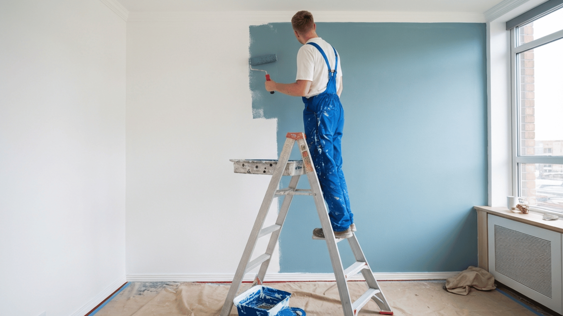 professionals painting a blue accent wall in an apartment using a roller and ladder