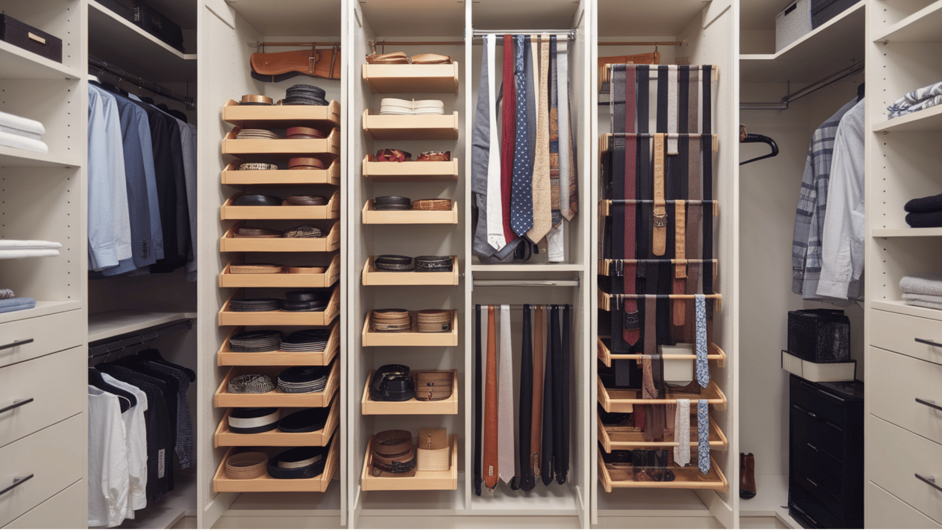 pull-out racks for belts, ties, and scarves in a closet, keeping accessories wrinkle-free and easy to access