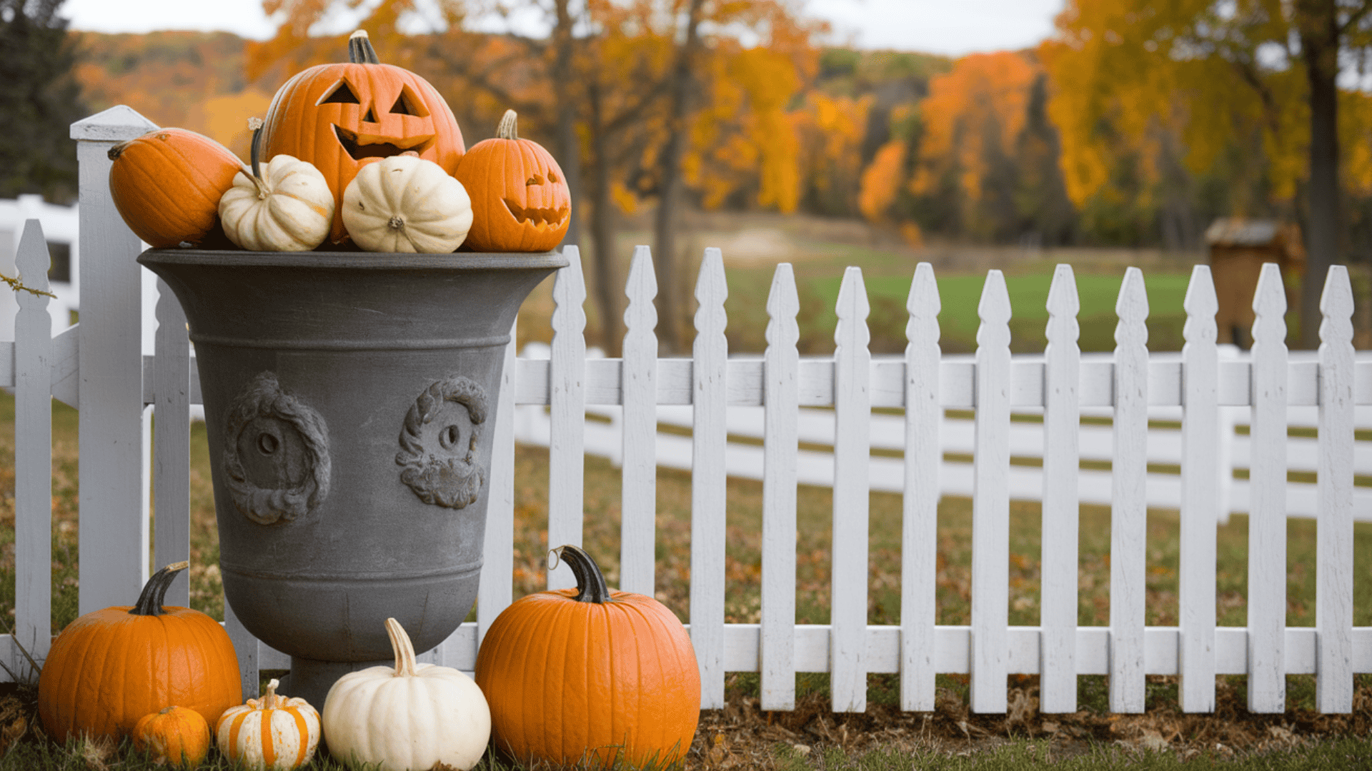 pumpkins of varying sizes clustered around the base of tall planters on a fall farmhouse porch