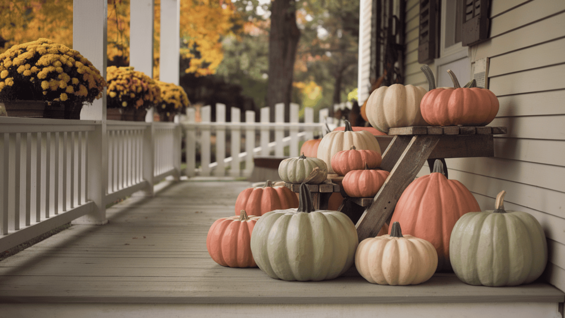 pumpkins painted in muted sage green and terracotta tones styled on a farmhouse fall porch