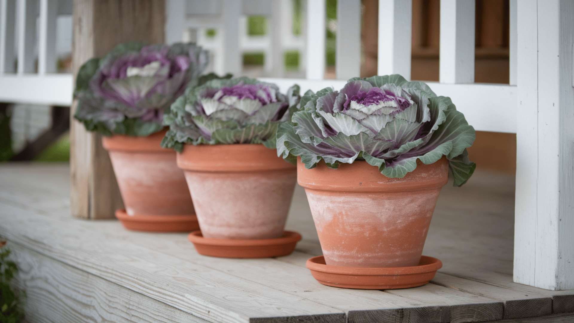 purple and green ornamental cabbage potted in terra cotta grouped in threes on a fall farmhouse porch