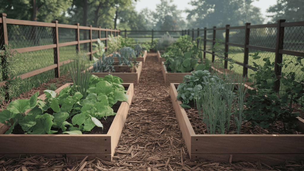 raised garden beds lined along a fence with herbs and vegetables, tidy mulch paths, and a clean garden layout.