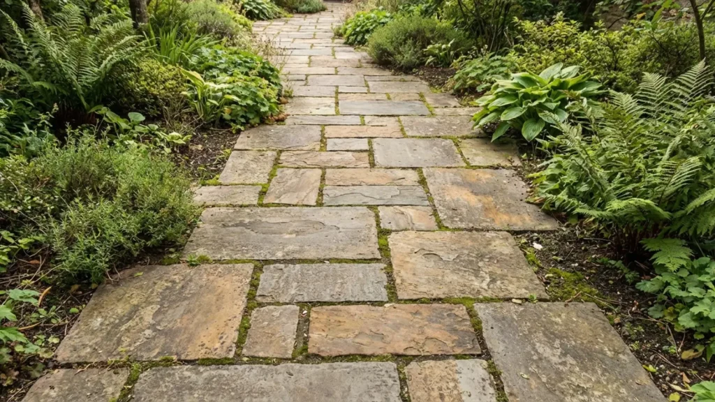 reclaimed stone pieces of varied texture and tone laid as a garden path