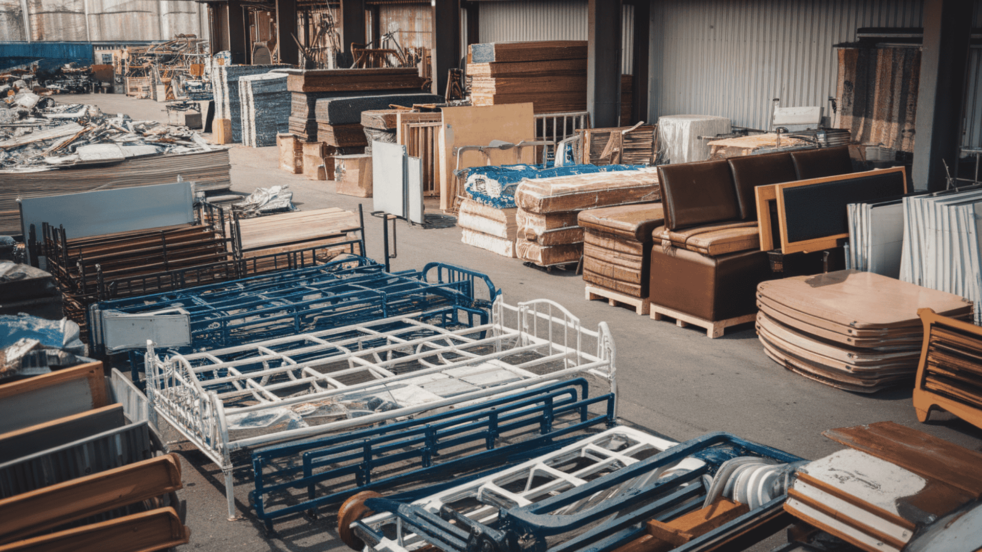 recycling center with metal bed frames and wood panels separated for proper furniture recycling