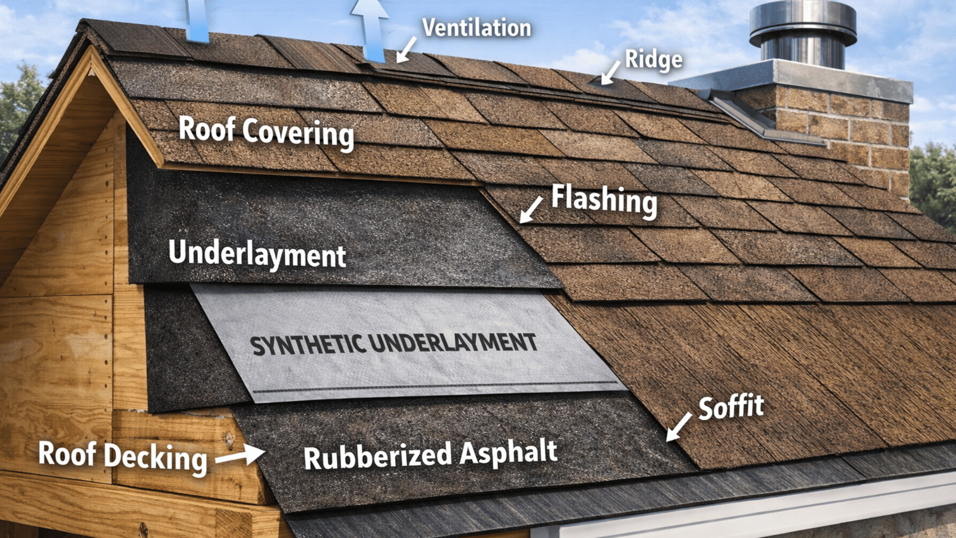 roof cross-section highlighting components covering, underlayment, flashing, ventilation, ridge, and soffit.