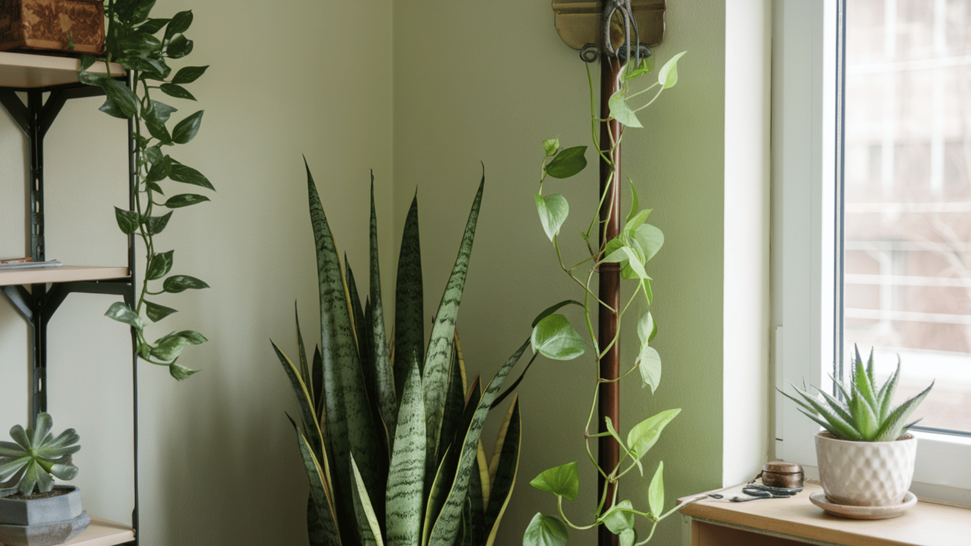 room with plants on shelves, including snake plants and hanging vines.