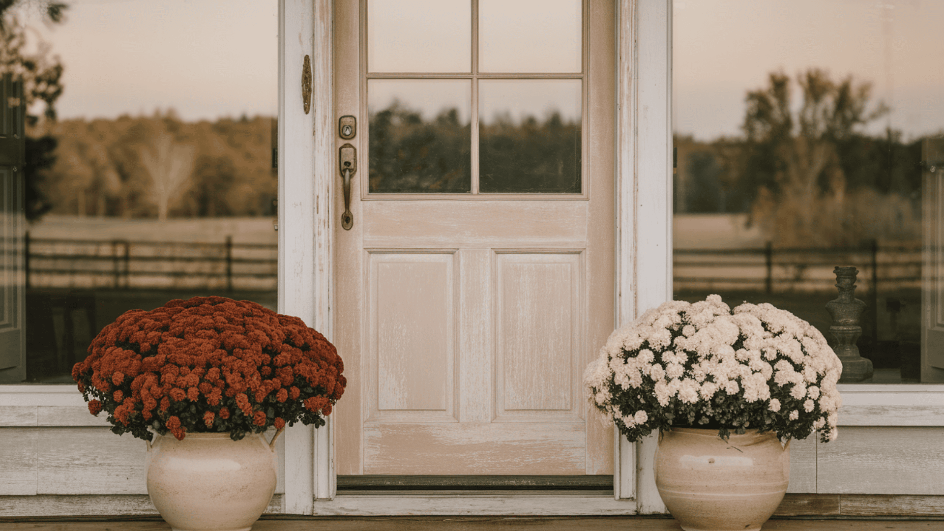 rust and cream mums planted in simple ceramic pots placed on either side of a farmhouse door