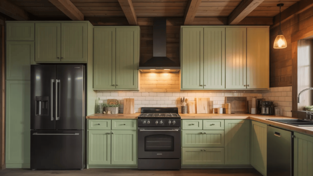 rustic kitchen with sage green beadboard cabinets, black appliances, and heavy wood ceiling beams