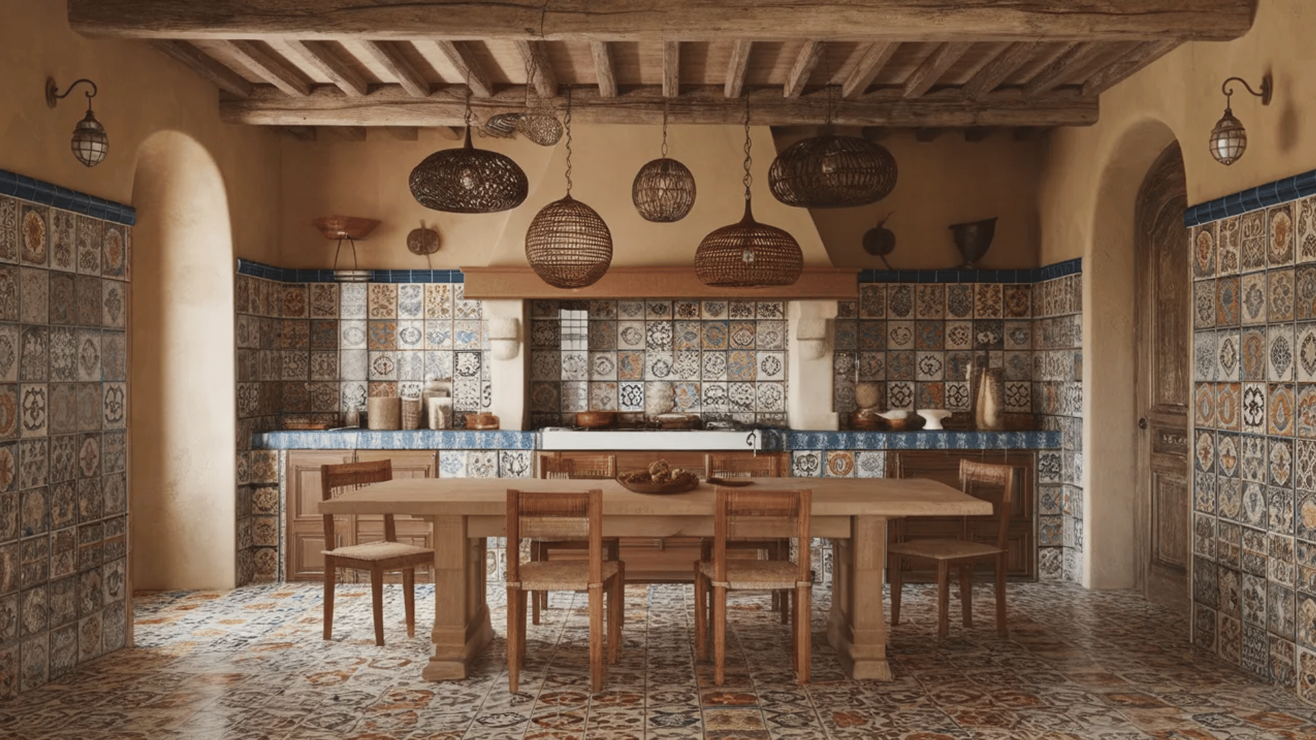 rustic kitchen with wrought iron light fixtures and wooden countertops