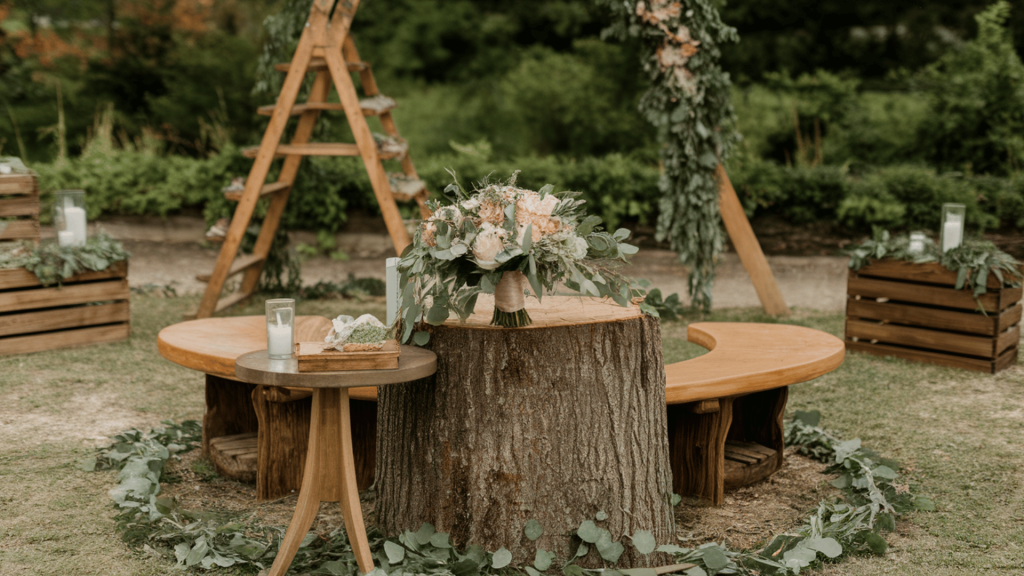 rustic outdoor wedding setup with wooden crates, flowers, and candles around a stump table
