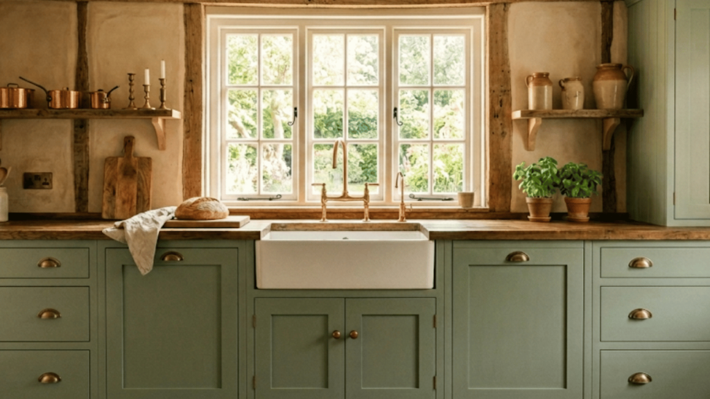 rustic sage green cabinets with brass handles, wood counters, and a white sink.
