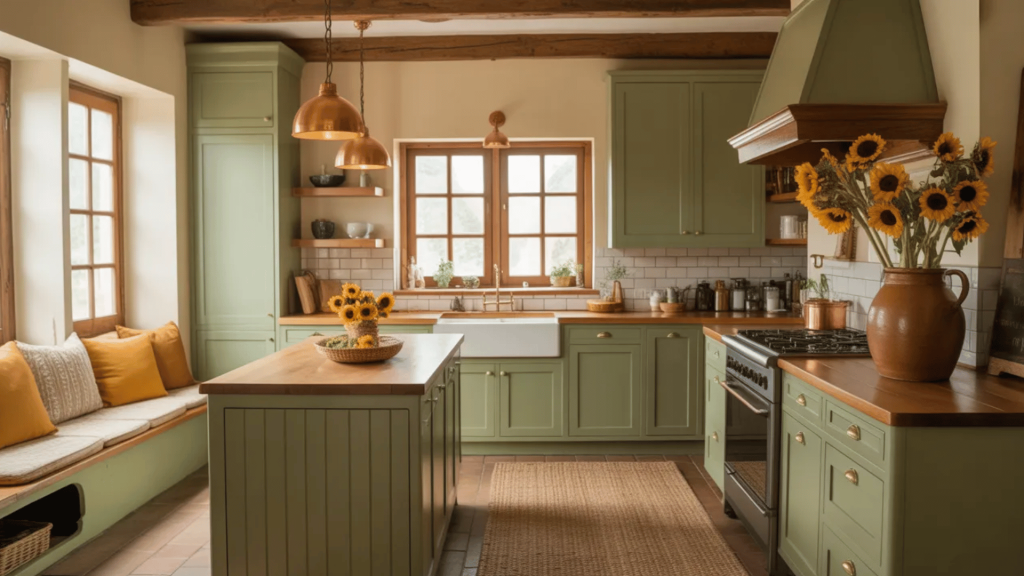 rustic sage green kitchen with copper pendants, sunflowers, and a built-in window seat.