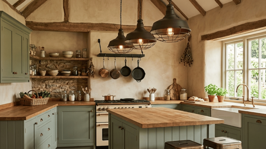 rustic sage green kitchen with exposed beams and three black industrial pendant lights