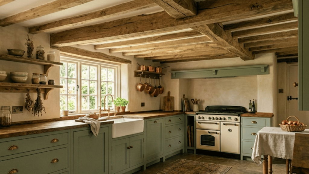 rustic sage green kitchen with exposed wooden ceiling beams and smooth plaster walls.