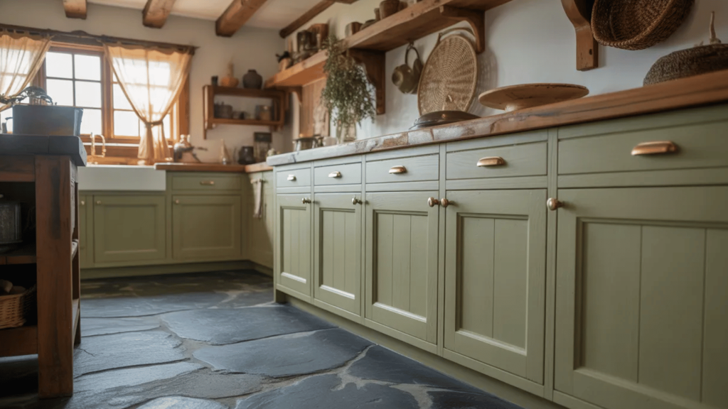 rustic sage green kitchen with gold hardware, flagstone flooring, and exposed ceiling beams.
