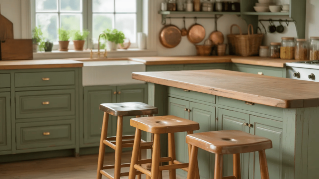 rustic sage green kitchen with wood island, three wooden stools, and copper pans on the wall.