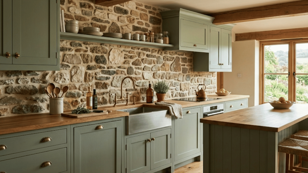 rustic sage kitchen with a textured stone backsplash, wood counters, and garden views (1)