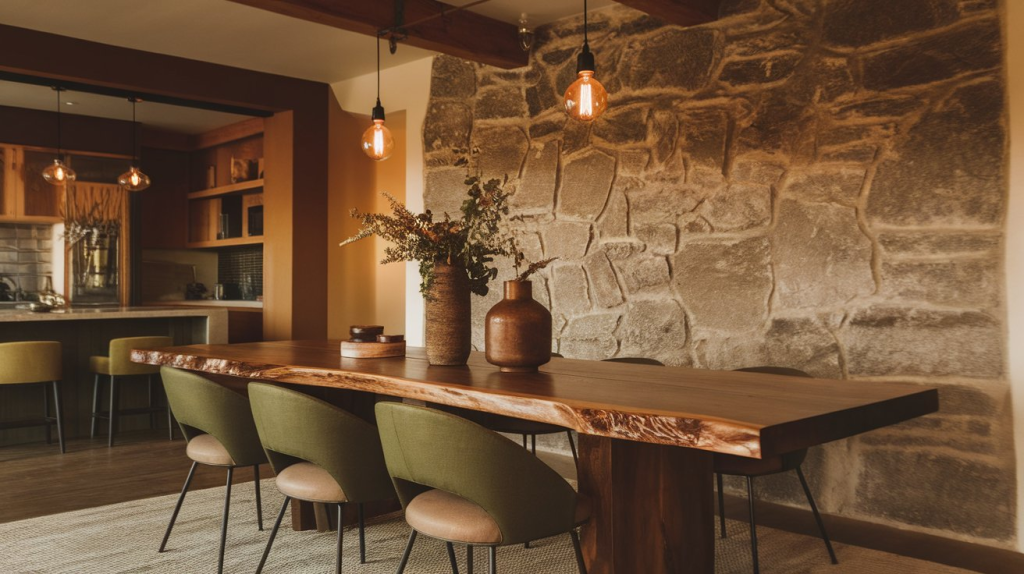 rustic transitional dining room with natural wood tabe