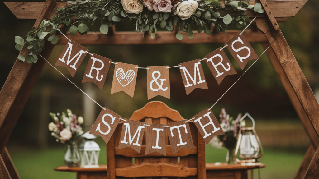 rustic wedding ceremony setup with a personalized 'Mr & Mrs' sign and flowers on wooden chairs.