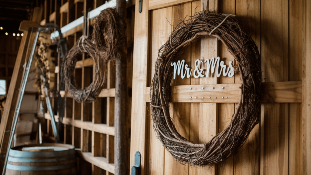rustic wedding decor with grapevine wreaths and a wooden backdrop displaying 'Mr & Mrs'.