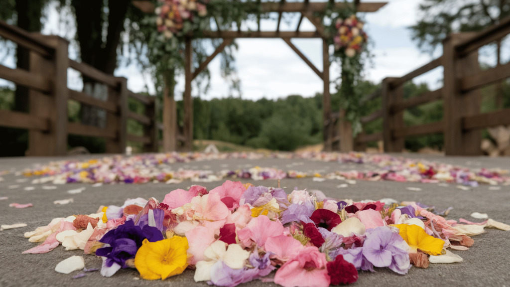 rustic wedding scene with flower petals scattered on a bridge leading to a floral arch